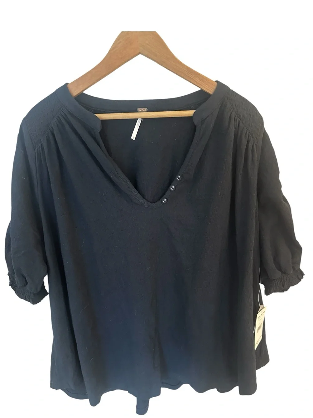 Free People Fever Dream Split Neck Tee Peasant Style Black  Size L NWT